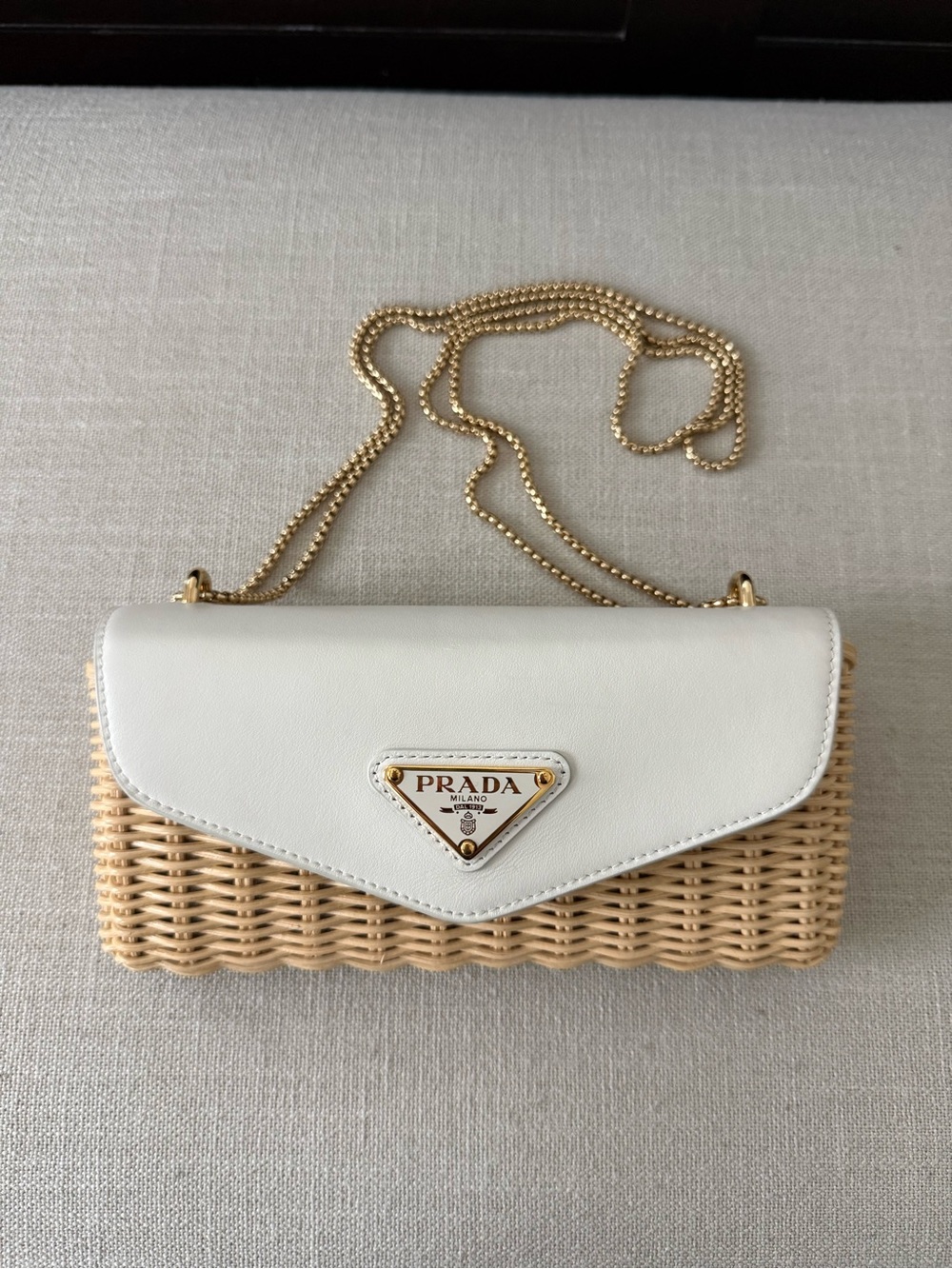 Prada Wicker Mini Bag with Cream Leather Flap and Gold Chain - Picture 8 of 14